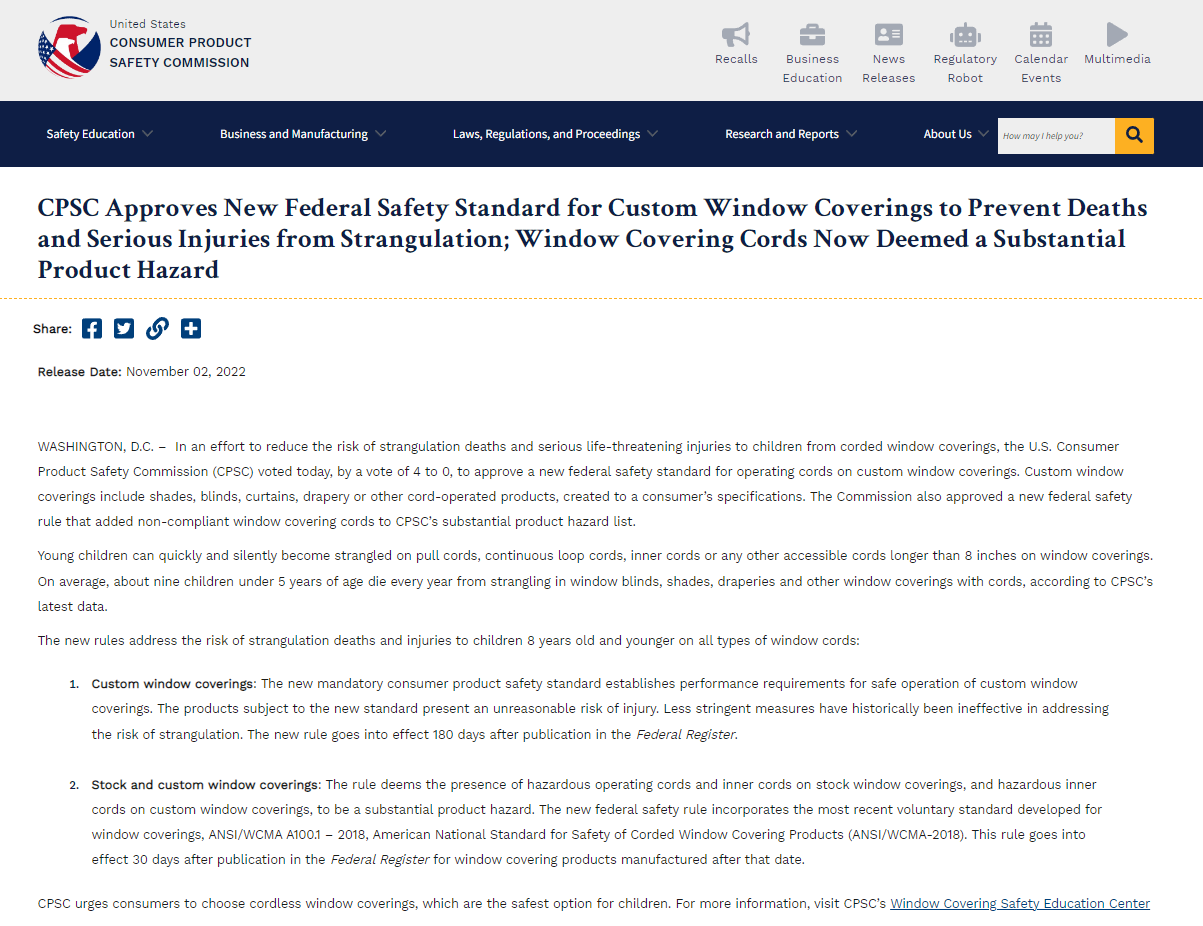 亚马逊美国站发布了关于拉绳窗帘WCMA产品的合规规定